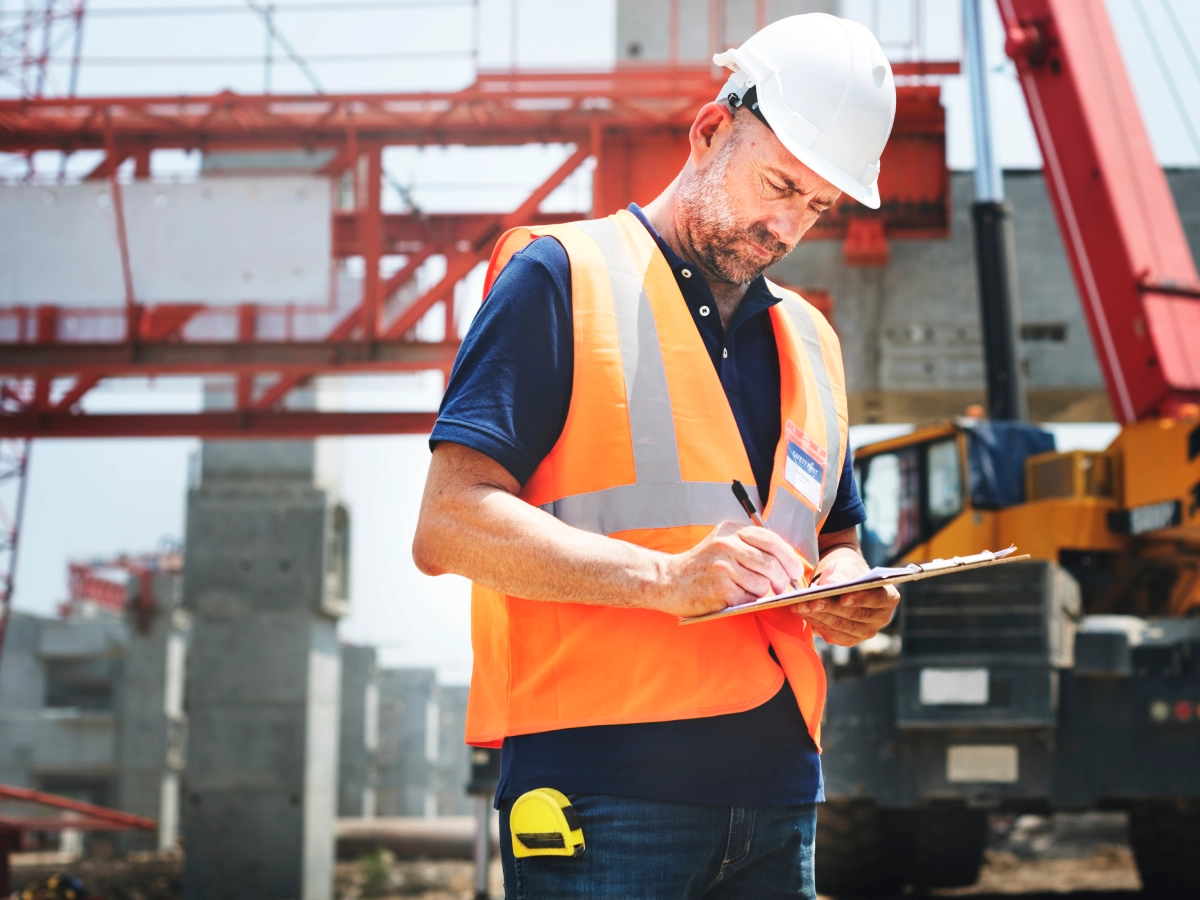 a construction materials testing professional wearing hi-vis on a construction site